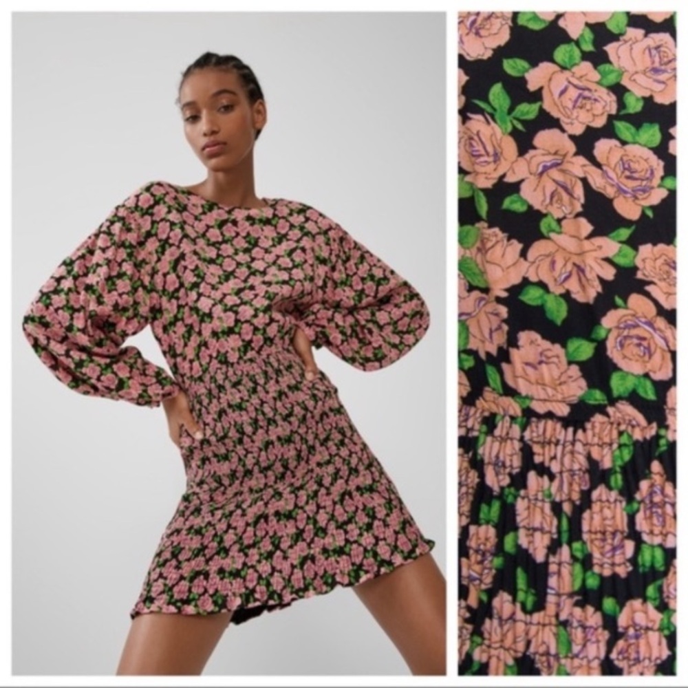 Zara Elastic Print Mini Dress with a pink and green floral pattern - Picture 4 of 7